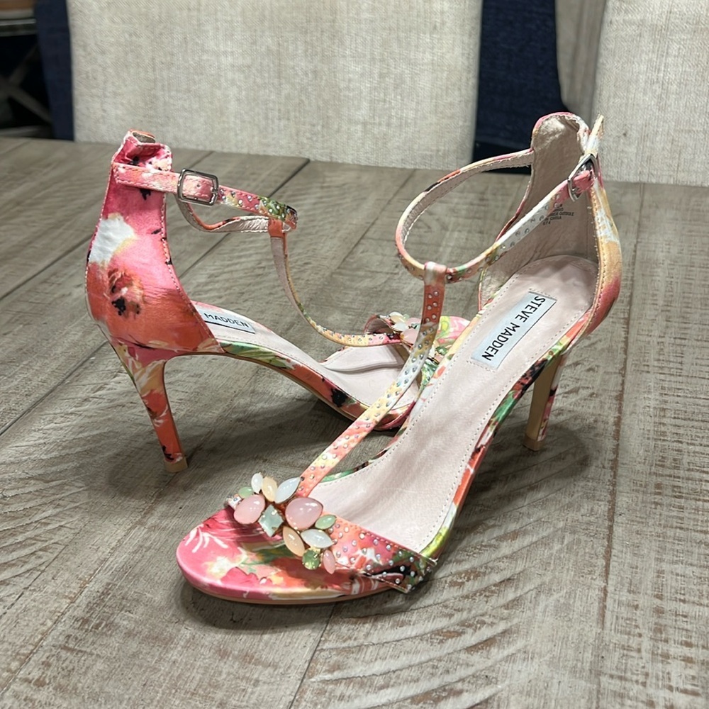 Steve Madden Shawna Print FLORAL Multi EMBELLISHED Sandals Open Stiletto Size 10